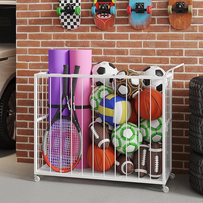 Homsorout Ball Storage Bin Rolling Sports Ball Cart, Metal Garage Organizer Sport Rack, Ball Basket Storage, Ball Cage for Garage or Gym, Indoor & Outdoor Sports Equipment Organizer