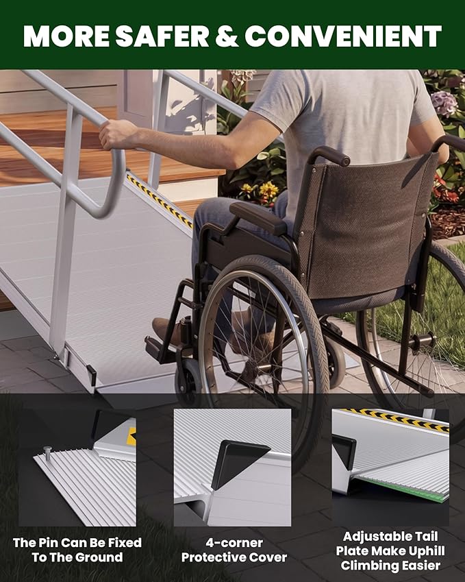12FT Wheelchair Ramp with Handrails, 1300 lbs Capacity Heavy Duty Aluminum Ramps for Home Steps and Doorways, Fixed Threshold Solution for Wheelchairs Scooters Walkers, Easy Single-Person Use