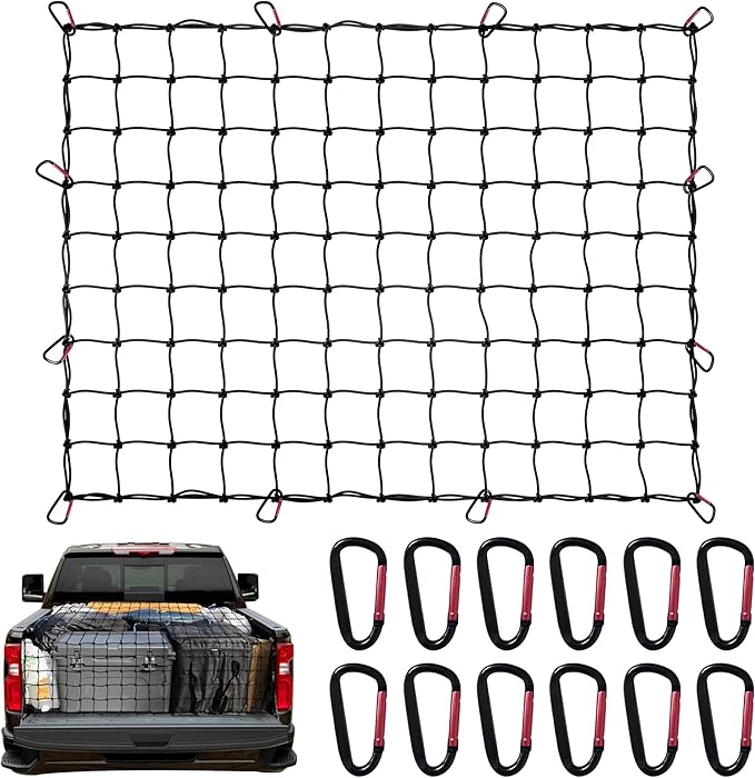 4' x 3' Cargo Net for Pickup Truck Bed Stretches to 8' x 6' with 12 Metal Carabiners - Truck Bed Accessories for Dodge RAM, Ford, Chevy, Toyota