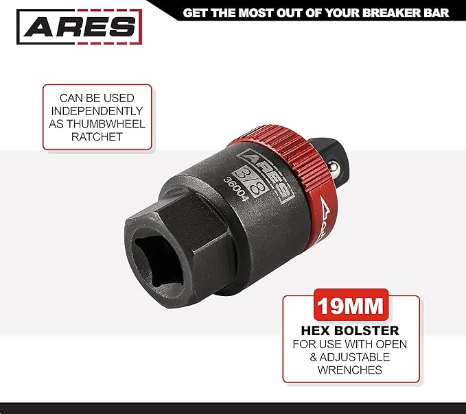 ARES 36004-3/8-Inch Drive Ratcheting Breaker Bar Adapter - Converts Breaker Bar or Sliding T-Handle into Ratchet - Reversible Ratcheting Mechanism with Anodized Switch Collar