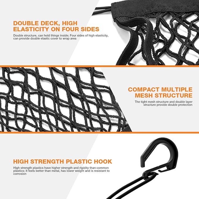 2PCS Upgrade Cargo Net for Motorcycle Helmet Storage, 10"X11" High-Elastic Double Layer Bungee Net with 8 Extra Strong Metal Hooks, Luggage Strap Rack Expansion Organizer Net for Motorbike Trike Cycle