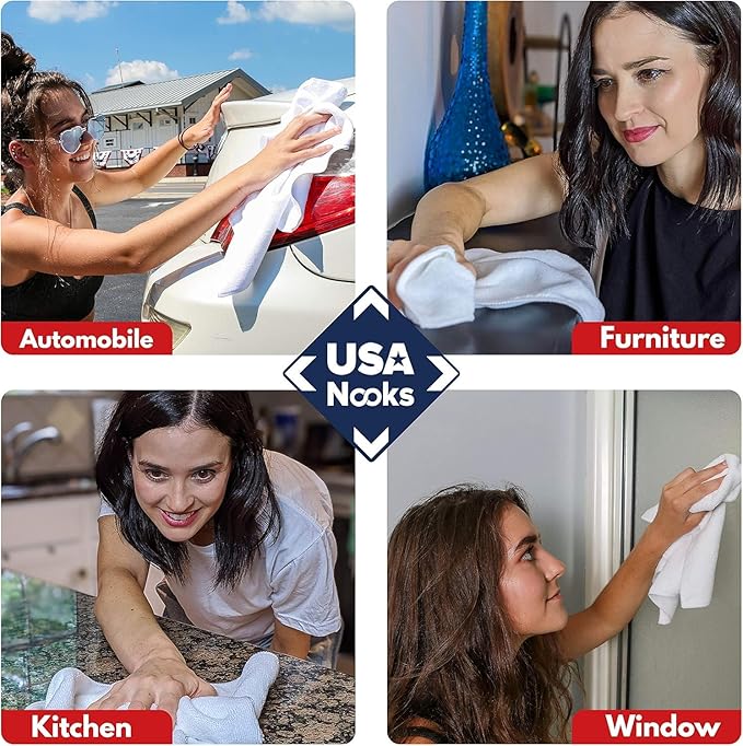 USANOOKS Microfiber Cleaning Cloth - White - 8Pcs (12.5x12.5 inch) High Performance - 1200 Washes, Ultra Absorbent Car Towel Traps Grime & Liquid for Streak-Free Mirror Shine - Car Washing Cloth