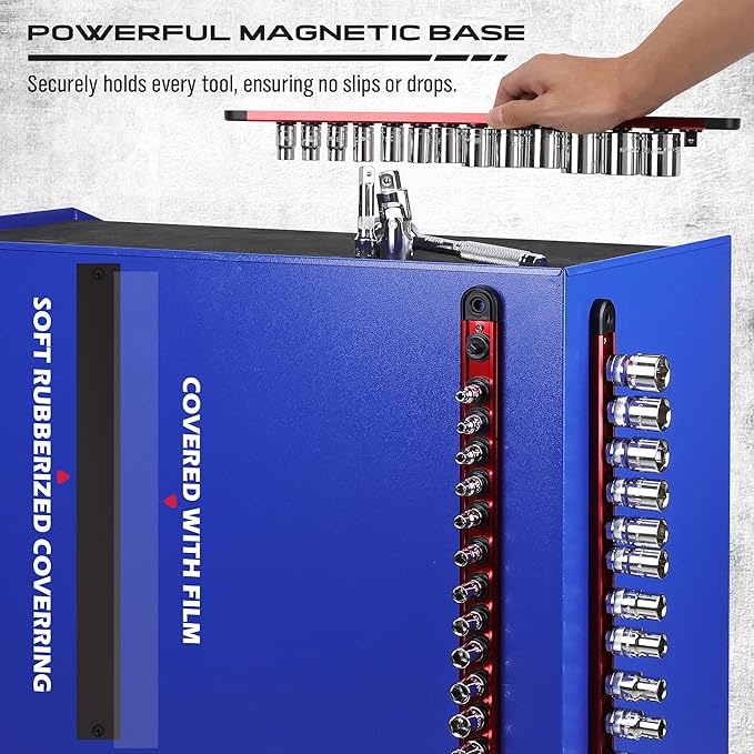 Magnetic Socket Holder Organizer Set: 3/8 Detachable Socket Trays Socket Organizer for Tool Box Drawer Holds 14-Piece Standard Size Sockets for Automotive Mechanic Garage(Red)
