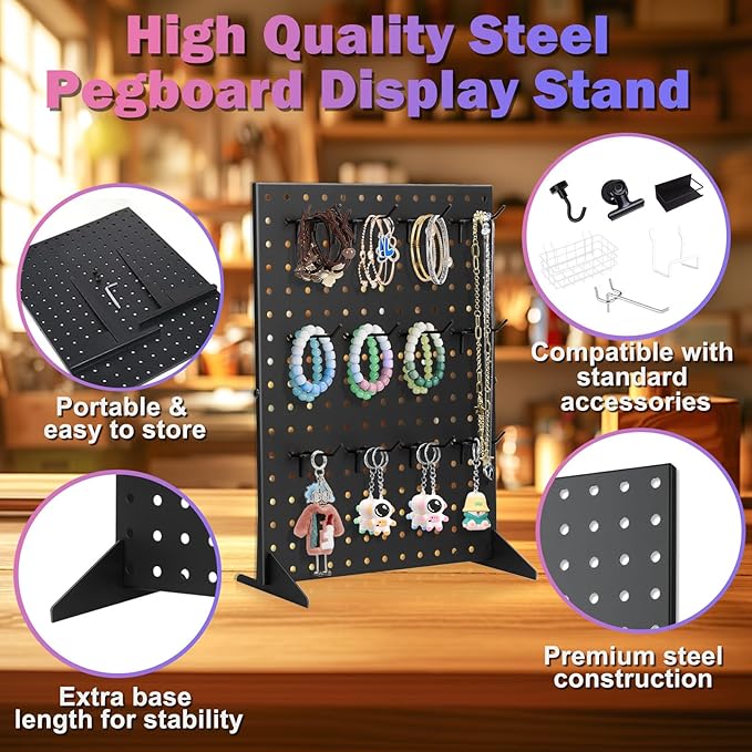 Acfunique 2 Pack Peg Board Display Stand for Vendors with 24 Hooks Metal Tabletop Pegboard Display Stand for Craft Shows 17" X 13" Retail Display Racks Peg Board Organizer Holder Black
