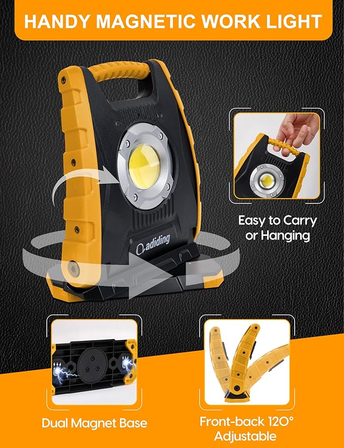 Adiding Rechargeable LED Work Light 4400mAh - Portable Flood Light With Sensor & 360 Rotation Magnetic Base for Repairing, Inspection, Garage, Camping