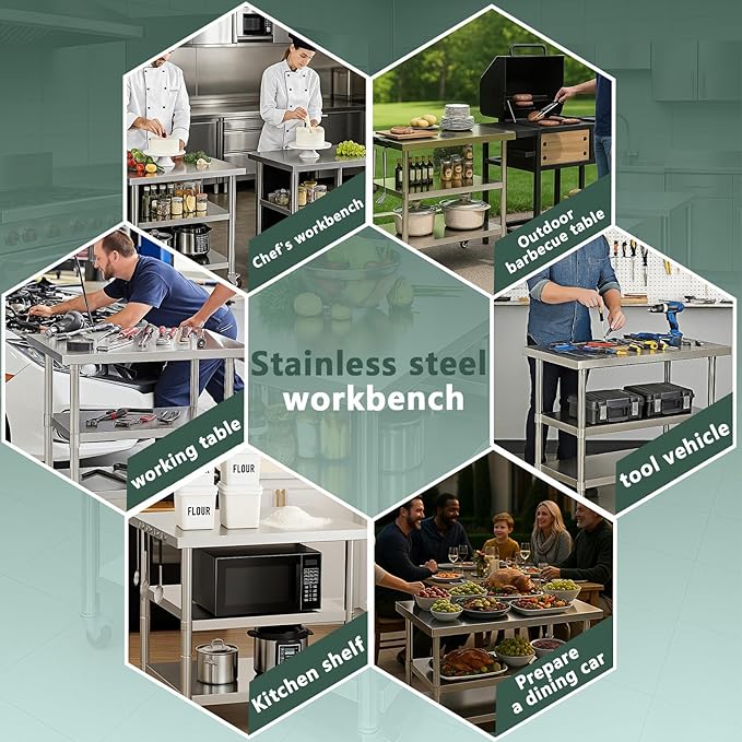 Stainless Steel Table with Wheels for Food Preparation and Work, Multi-Size Optional, Three-Layer Variable Two-Layer Metal Commercial Workbench Outdoor, Restaurant, Kitchen (48" Lx24 Wx34 H)
