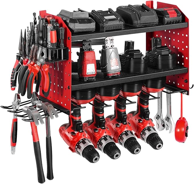VEVOR Power Tool Organizer Wall Mount, 3-Layer Storage Rack with 4 Drill Holders, Tools Holder and Storage Rack with Side Pegboards, Garage Tool Organizer for Garage, Workbench, and Workshop