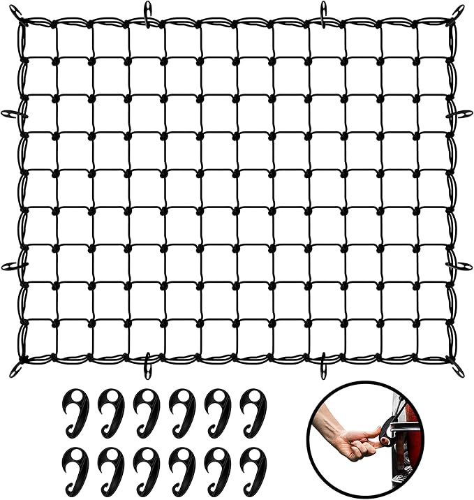 Mockins 50"x36" Elastic Truck Cargo Net for Pickup Truck Bed, Roof Rack or Trailer | 6mm Thick Bungee Net with Hooks - Stretches Up to 100"x75" | 4"x4" Mesh Square Cargo Netting for Any Load Size