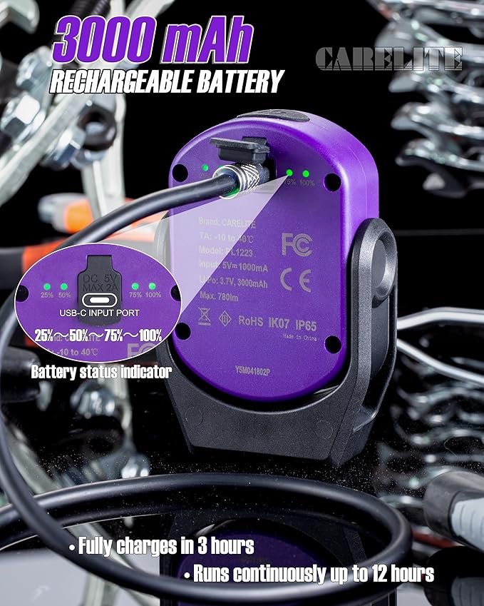 Magnetic Work Light – 780 Lumen Compact Pocket Light, Rechargeable 3000mAh, 360° Pivot, Durable & Portable for Mechanics & Jobsites (Purple, 1-Pack)