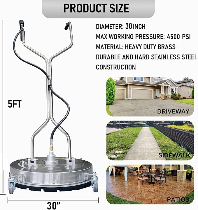 Hourleey 30" Pressure Washer Surface Cleaner with Dual Handles, Stainless Steel Surface Cleaner with 4 Wheels for Driveways, Pathway, Sidewalks, Patios, Decks, 4500 PSI with 3/8" Quick Connector Kit