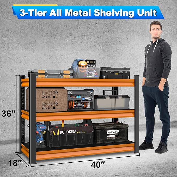 40" W Garage Shelving Heavy Duty,1500LBS Loads Adjustable Garage Storage Shelves,3-Tier Metal Storage Racks and Shelving Units,Utility Rack Shelves,40" W x 18" D x 36" H,Orange
