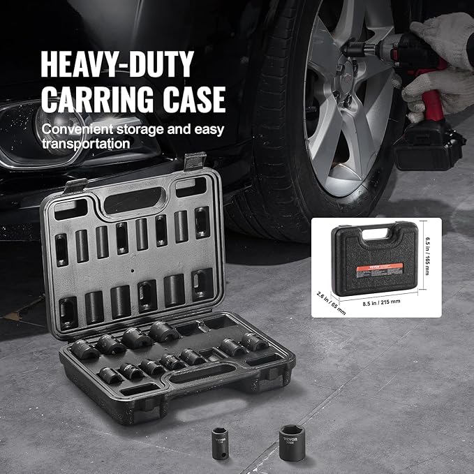 VEVOR 3/8" Drive Impact Socket Set, 14 Piece Shallow Socket Set Metric 7-20mm, 6 Point Cr-Mo Alloy Steel for Auto Repair, Easy-to-Read Size Markings, Rugged Construction, Includes Storage Case