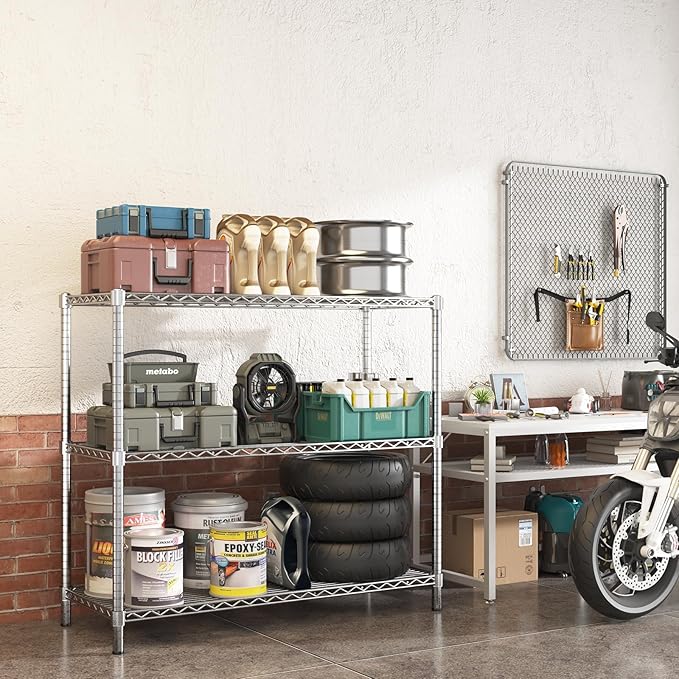 45" W x 20" D x 47" H Heavy Duty Wire Shelving Unit, 3-Tier Utility Storage Rack 1200 lbs Capacity, Adjustable Garage Shelves for Kitchen Garage Pantry, Easy Assembly