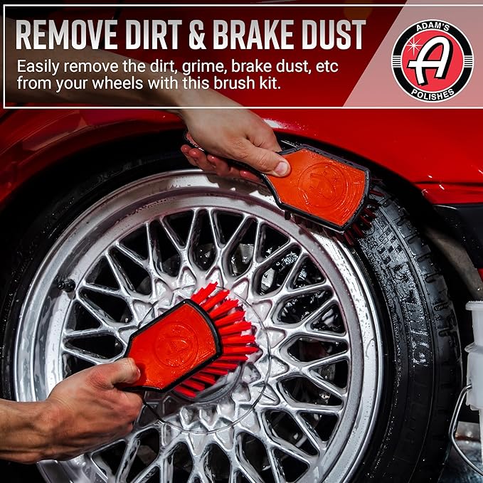 Adam's Wheel & Tire Brush Kit (3-Item) - Includes Wheel Brush, Tire Brush & Barrel Brush for Cleaning Rubber, Plastic, Chrome, Metal, Aluminum, Rim & Spoke Surfaces