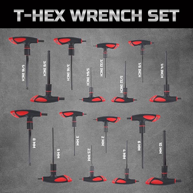 Lichamp 16 Pieces SAE and Metric T Handle Allen Wrench Set, 5/64-3/8 inch, 2-10mm, Ball Head, Standard Long Tee Handle Allen Hex Key Set, Heavy Duty Excellent