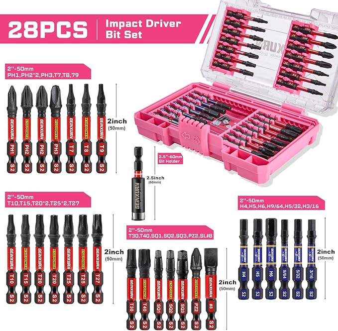 Geinxurn 28Pieces Impact Screwdriver Bits Set, Magnetic S2 Steel Phillips/Slotted/Square/Torx Insert Power Bits Tips, Impact Bit Holder with Pink Storage Box Case
