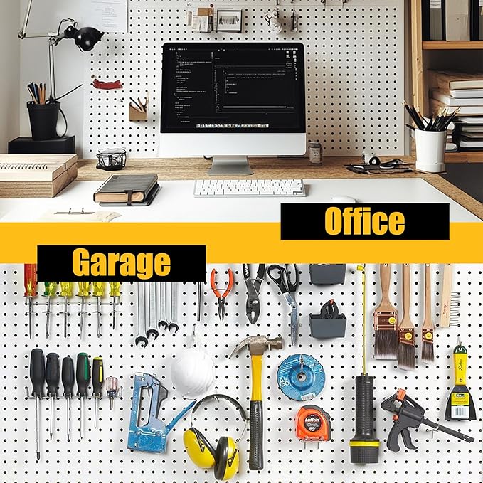 Spampur Peg Board, 4 Pack Metal Pegboard Panels with 50 Hooks, White Pegboards Wall Organizer, Heavy Duty Peg Board for Walls Home, Garage Tool Storage, Office Organization, Craft Room, Kitchen