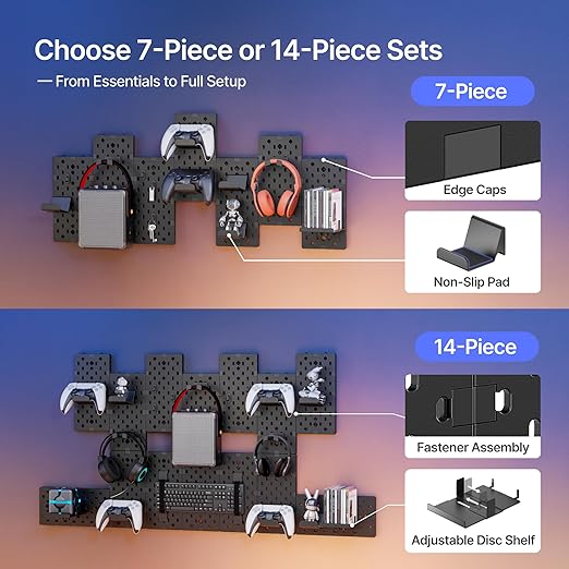 PEGZONE Controller and Headphone Holder Wall Mount, Modular Gaming Pegboard with Accessories, Controller Stand for Xbox PS5 PS4 Switch, Video Game Storage, Disc Shelf Organizer, 14pcs Pegboard, Black