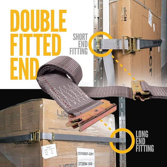 US Cargo Control Double-Fitted E Track Straps 2" x 16' (4-Pack), 4,400 LBS Break Strength, Gray Heavy Duty E Track Ratchet Straps with 3 Spring E-Fittings, Versatile 2-in-1 Logistic Tiedowns