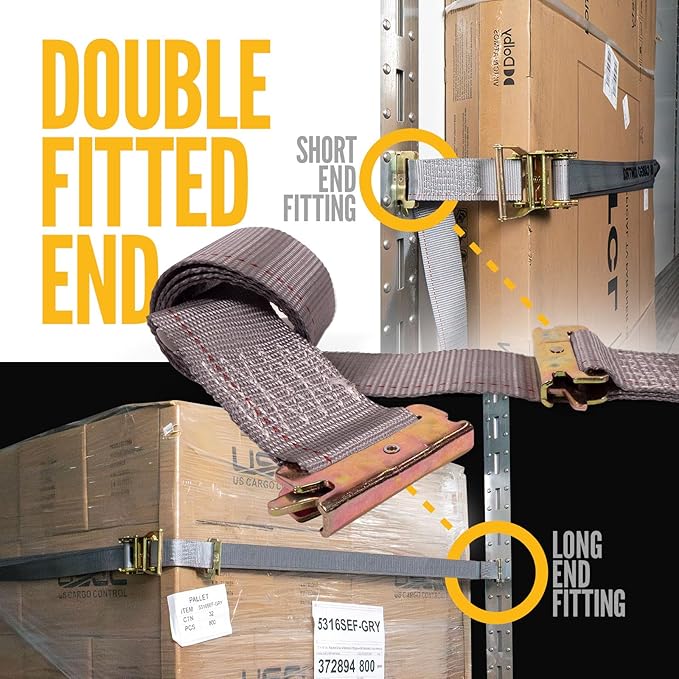 US Cargo Control Double-Fitted E Track Straps 2" x 16' (640-Pack), 4,400 LBS Break Strength, Gray Heavy Duty E Track Ratchet Straps with 3 Spring E-Fittings, Versatile 2-in-1 Logistic Tiedowns