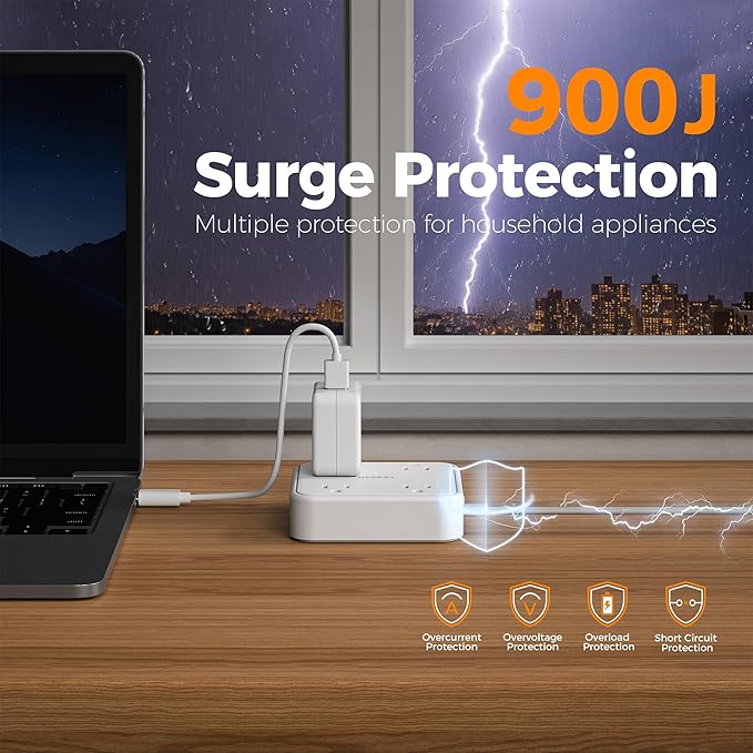 TESSAN Surge Protector Flat Extension Cord 10Ft, Flat Plug Power Strip with 4 Outlets 3 USB Ports (1 USB C), 900 Joules Protection, Multiple Wall Outlet Extender Suitable for Home Office Dorm, White