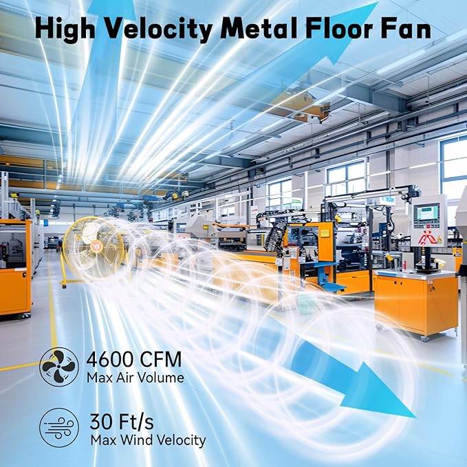 16" High Velocity Floor Fan for Dewalt 20V Max Battery, 3-Speed Battery Operated Cordless Floor Fan with AC Adapter, Heavy Duty Metal Industrial Fans for Warehouse, Garage, and Workshop(Tool Only)