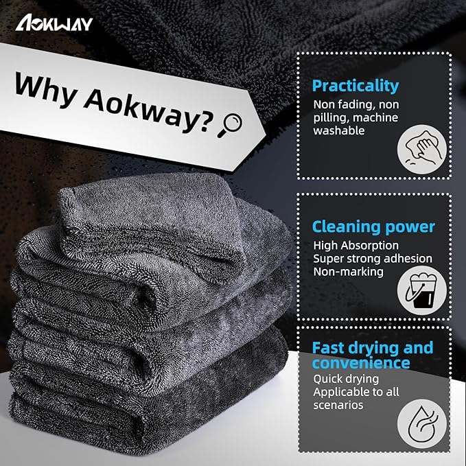 aokway Microfiber Car Drying Towel,Thickened and Absorbent Microfiber Towels, No Streaks Drying Towel car Detailing, Scratch-Free, No Water Spots- 16” x 16”（1 Pack）