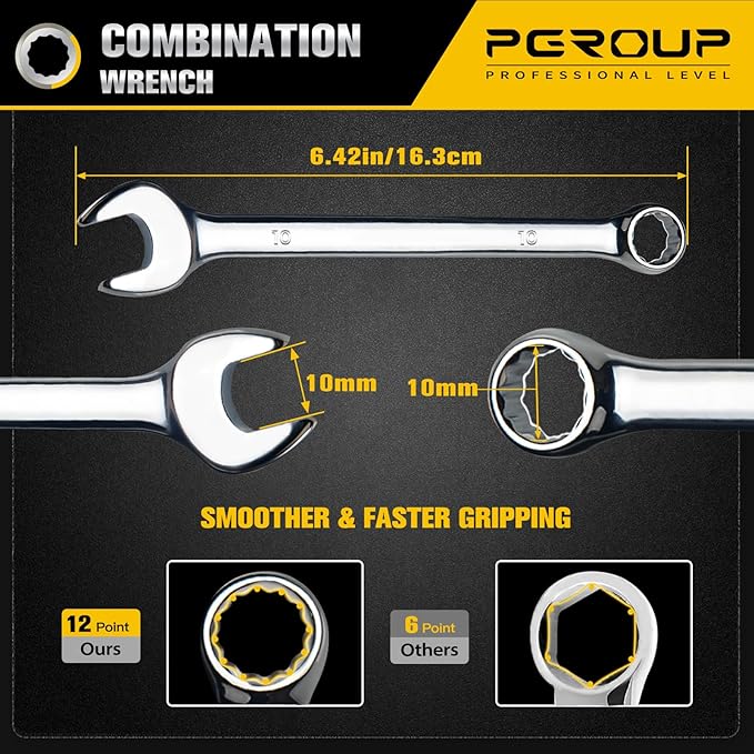 10mm Metric Combination Wrench, CR-V Steel with Mirror Polish, 12-Point Design, 15-Degree Offset, Perfect for Auto Repair, Household, Car & Truck Emergency