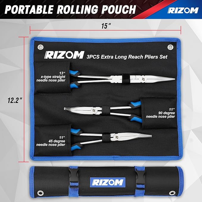 Rizom 3-Piece Long Reach Pliers Set, 13 Inch Double Jointed Long Needle Nose Pliers, 11 Inch 45° & 90° Bent Nose Pliers for Narrow Spaces and Limited Areas