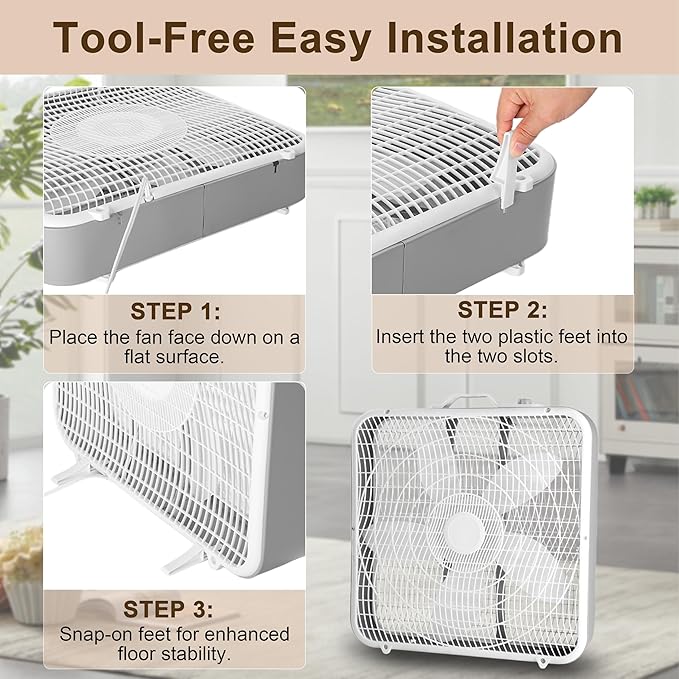Xcity 20 Inch Box Fan with Carry Handle, Portable Powerful and Quiet 3-speed Floor Fan with Protection Net, Durable 70W Lightweight for Bedroom Study Home