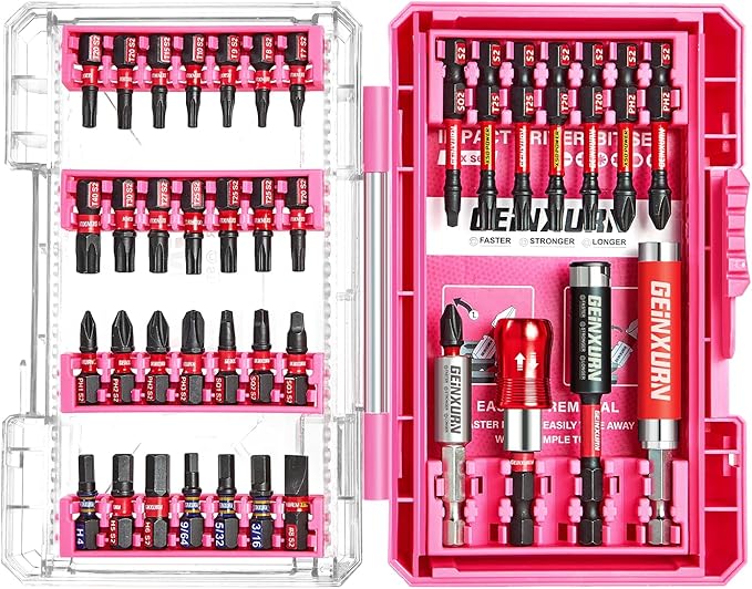 Geinxurn 40Pieces Impact Screwdriver Bits Set, Magnetic S2 Steel Phillips/Slotted/Square/Torx Insert Power Bits Tips, Impact Bit Holder with Pink Storage Box Case