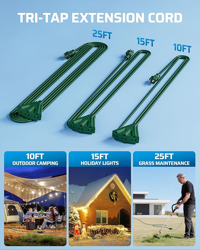DEWENWILS 10 FT Outdoor Tri-Tap Extension Cord Splitter for Christmas, Weatherproof 16/3 SJTW Power Cable for Holiday Decoration and Outdoor Landscaping String Lights, ETL Listed, Pack of 2, Green