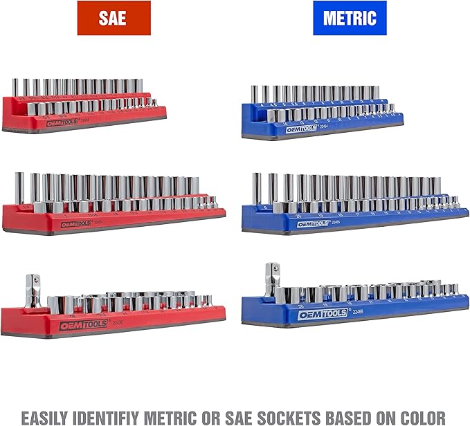 OEMTOOLS 22489 6 Pack Set Metric and SAE Magnetic Socket Organizers, Tool Box Socket Organizer for 1/4, 3/8, and 1/2 Inch Drive Sockets, Red and Blue