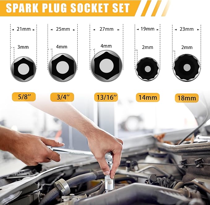 AEROFORCE 3/8-Inch Drive Spark Plug Socket Set 8PCS - Includes 6 Point Sockets 5/8-inch, 3/4-inch and 13/16-inch, 12 Point Sockets 14mm&18mm, 2 Extension Bars,Universal Joint