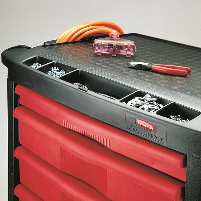 Rubbermaid Commercial Products Mobile Tool Work Center, 5 Drawers, 250 lb. Capacity, Black, for Warehouse/Garage/Cleaning/Maintenance