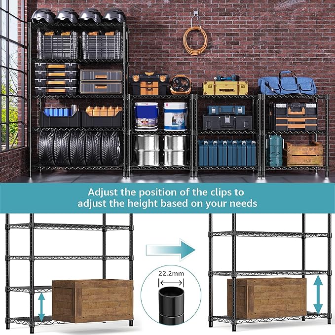 M MZG 5-Shelf Storage Shelves,Wire Shelving Heavy Duty Metal Storage Shelving Unit Adjustable Garage Shelving Rack Pantry Kitchen (Black, 5 Tier,17.7" D x 47.2" W x 76.7" H)