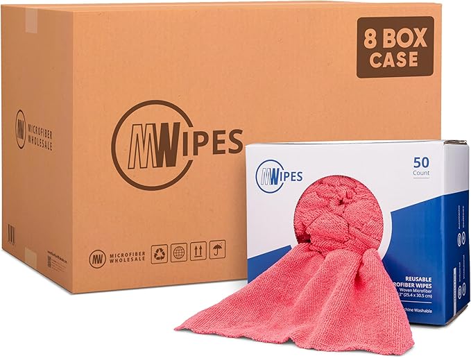 Microfiber Wholesale Shop Towels MWipes Reusable Red Shop Rags | 50 Rags in a Box (400 Count) | Super Absorbent, Machine Washable Hundreds of Times | Automotive, Paint, Industrial, Detailing