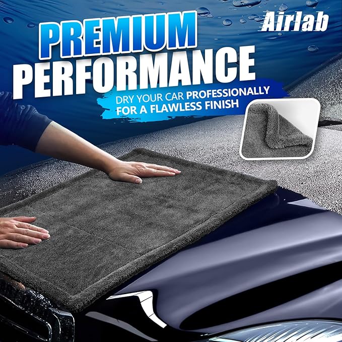 Airlab Car Drying Towel Microfiber Towels for Cars 1200 GSM Wash Auto Detailing Supplies Twist Pile Cleaning Cloth Absorbent Quick Dry Soft Loop Dry Flash Towel, 24 x 16 Inch, Pack of 1, Grey