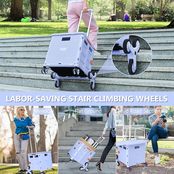 Foldable Utility Cart Folding Portable Rolling Crate with Magnetic Extended Lid,360°Rotate Wheels,176LBS Load Capacity,Heavy Duty Durable Dolly Cart(Blue)