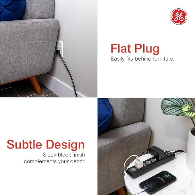 GE 6-Outlet Surge Protector, 10 Ft Extension Cord, Power Strip, 600 Joules, Twist-to-Close Safety Covers, Protected Indicator Light, ETL Listed, Black, 37442