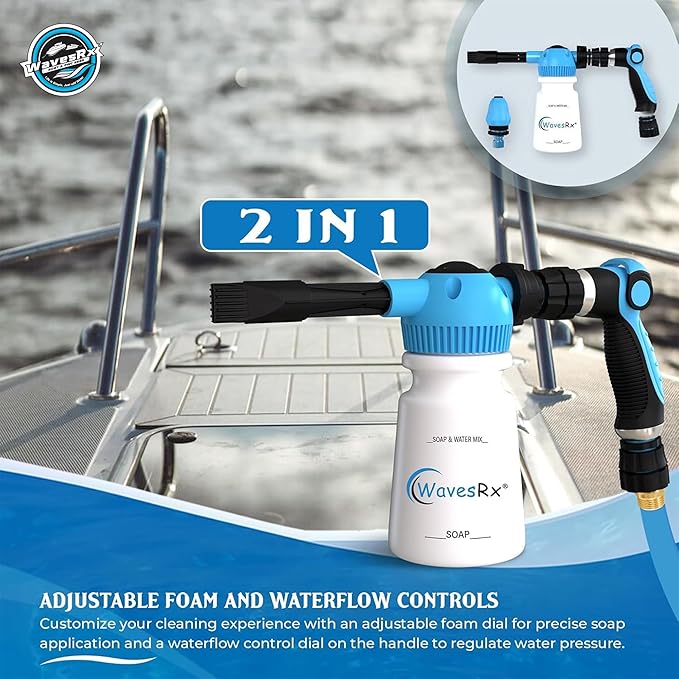 WAVESRX PWC & Boat Wash Sprayer & Engine Flush Mixer to Wash Salt Away | Dual-Use Marine Soap Foamer to Quickly Wash and Rinse | Cleaning Kit for Boating with Garden Hose Quick-Connect