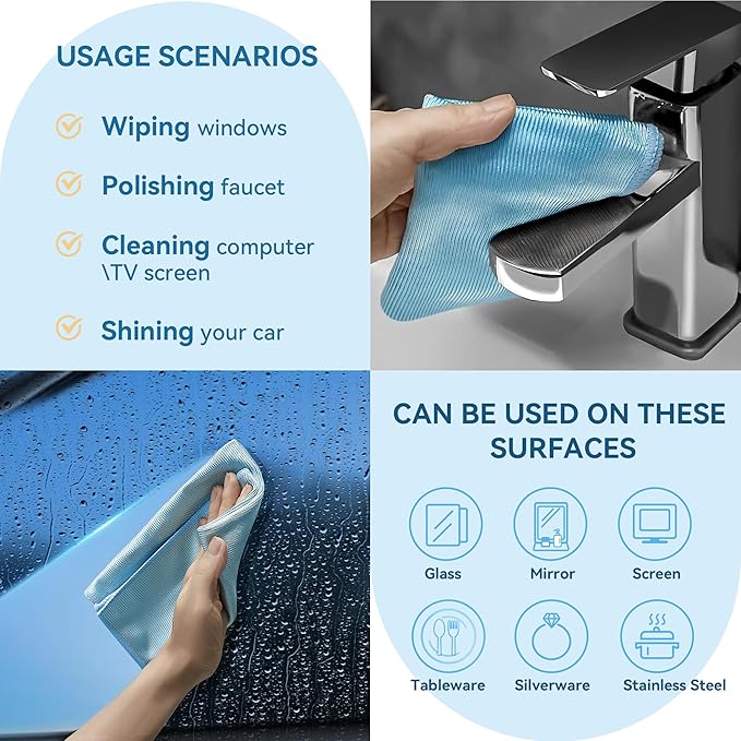 8Pcs Microfibre Glass Cleaning Cloth 290GSM, Lint Free Glass Cloth for Polishing Mirrors Stainless Steel, Windows, All-Purpose Microfiber Towels(Blue, 30 x 40 cm)
