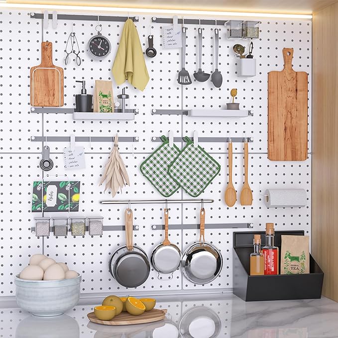 Peg Board, 16”×16”Large Heavy Duty Metal Pegboard Panels with Frame White PegBoard Display 4 Packs Peg Boards for Walls, Display, Garage Tool Storage, Office Organization, Craft Room, Kitchen