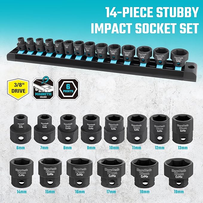 DURATECH 3/8" Drive Stubby Impact Socket Set, Low Profile Impact Sockets, 14-Piece, Metric, Size Covers 6-19mm, Cr-Mo Steel, Organized in Magnetic Storage Rail