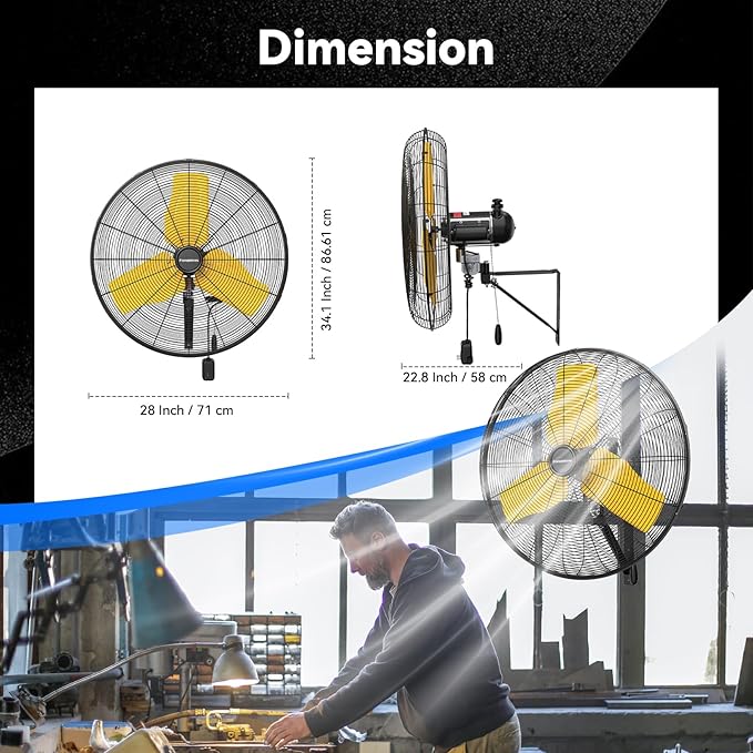 Pro 24" Industrial Wall Mount Fan, 9500 CFM High Velocity Metal Wall Fan, IP44 Waterproof Oscillating 3-Speed Outdoor Commercial Fan for Garage, Warehouse, Patio, Workshop