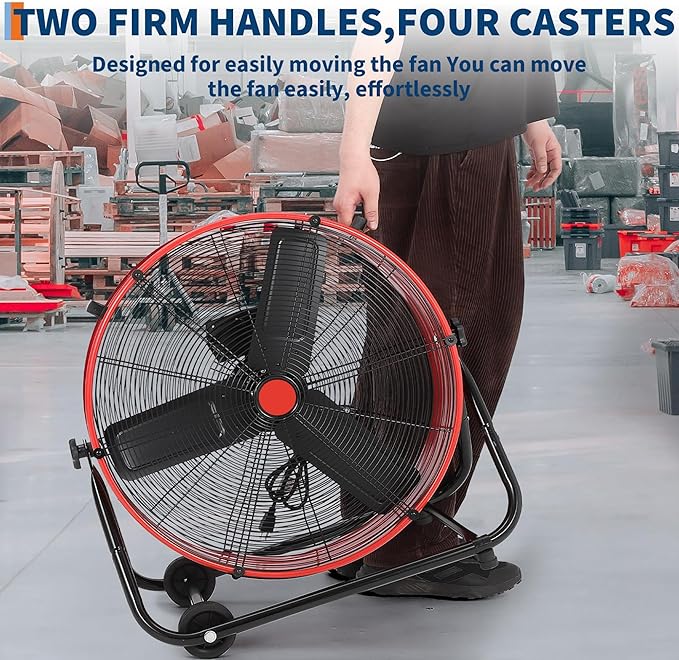 GarveeHome 24 in High Velocity Drum Fan, Heavy Duty Industrial Floor Fan with Adjustable 3 Speed 4800-8800 CFM Cooling, for Industrial Commercial Space Garage, Metal Blades/360° Rotation