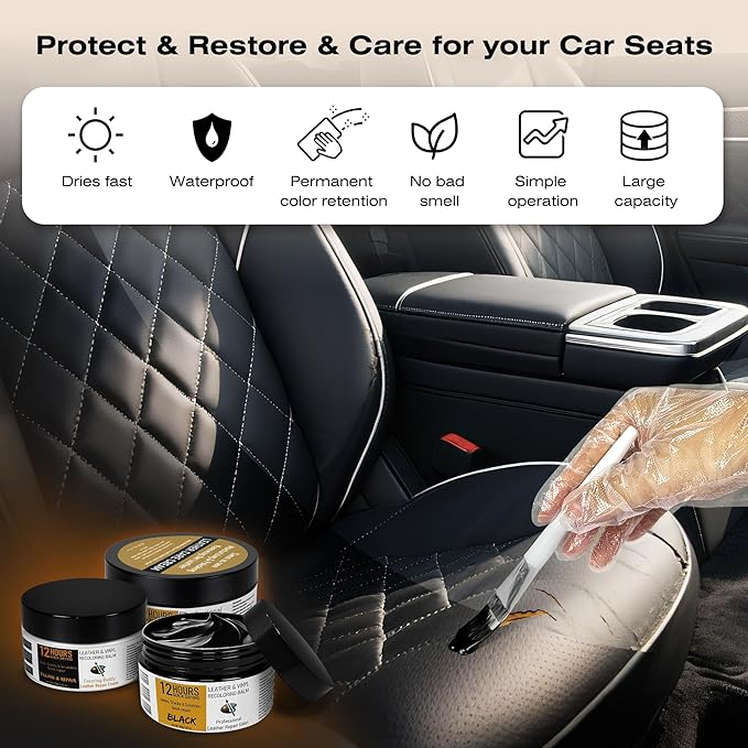12H Quick-Dry Leather Repair Kit with 3.53Oz White Leather Recoloring Balm, Filler & 4.23Oz Care Cream, 3-in-1 Vinyl Repair Set for Sofa, Car Seats, Jackets, Purses, Shoes, Faux Leather and More
