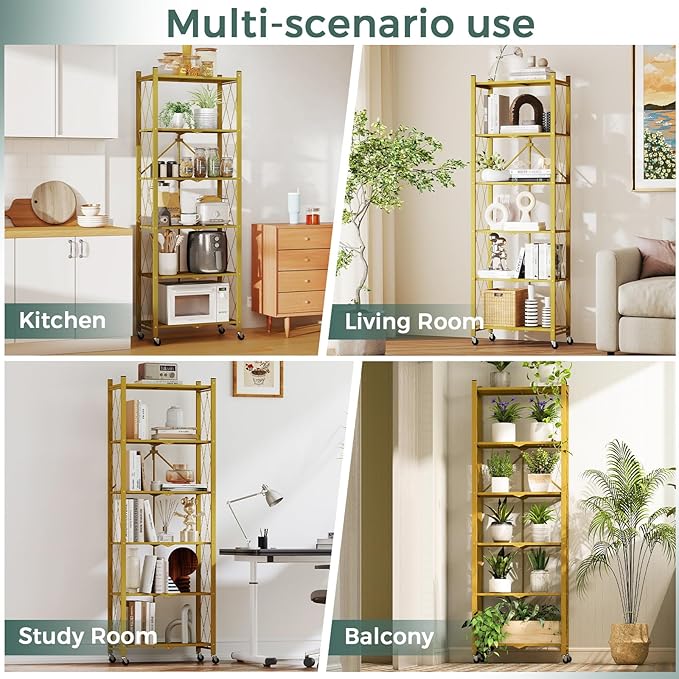 DEANIC 6-Shelf Folding Bookcase with Wheels, Heavy Duty Storage Shelves, Freestanding Metal Wire Shelving Unit for Living Room, Office, Kitchen, Basement, Pantry (Gold)