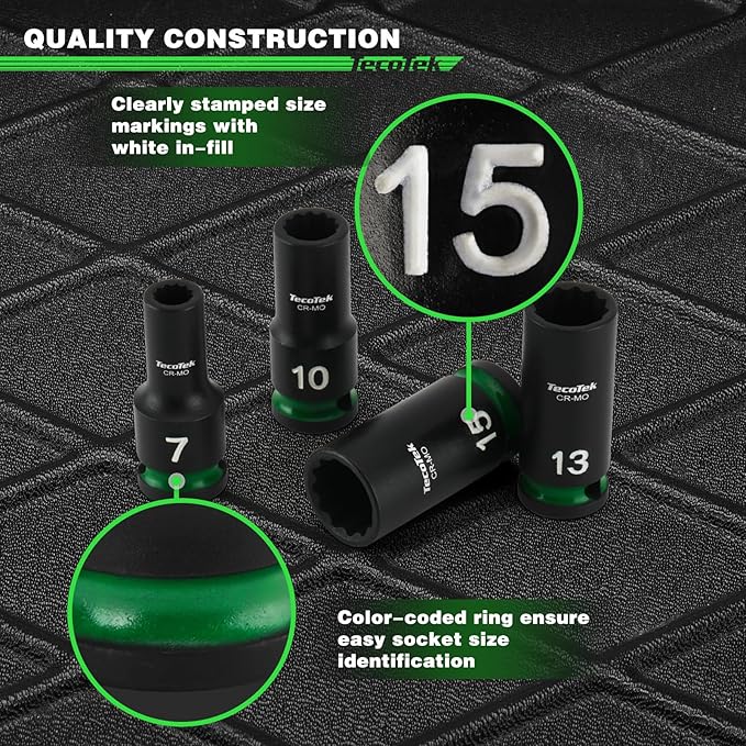 3/8-Inch Drive 12-Point Metric Semi-Deep Impact Socket Set, Mid-Length Socket Set, 7mm to 19mm, CR-MO, Stamped and Ink Filled Size Marking, 13-Piece