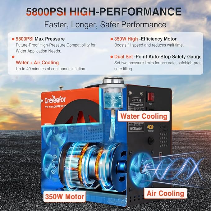 PCP Air Compressor, Max 5800 PSI / 40 MPa,350W High Pressure Portable Pump, Water & Air Cooling, Dual Auto-Stop Gauge, 12V DC & 110V AC, for Air Rifles, Paintball Tanks, HPA Cylinders, Orange